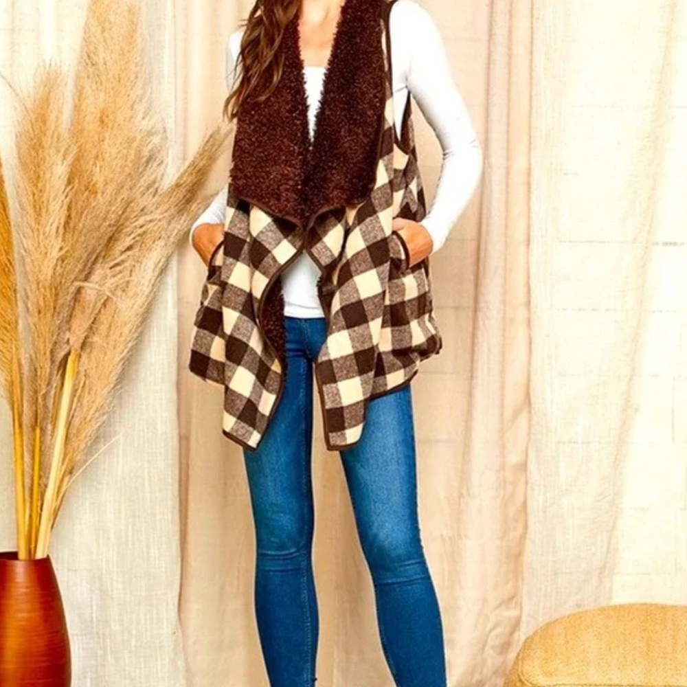 Sweet Lovely by Jen Buffalo Plaid Faux Sherpa Lined Vest Brown Tan one size M-XL